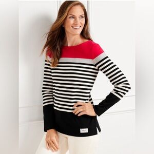 NWT $69 AUTHENTIC TALBOTS TEE - SLOPE STRIPE Red Black White Sz Petite